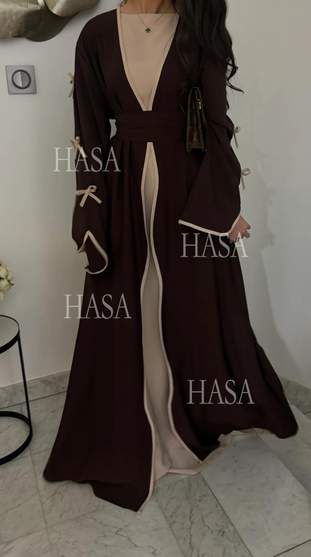 HS5862 Elegant Wavy-edge Bow Robe (with Belt) for A Feminine Look