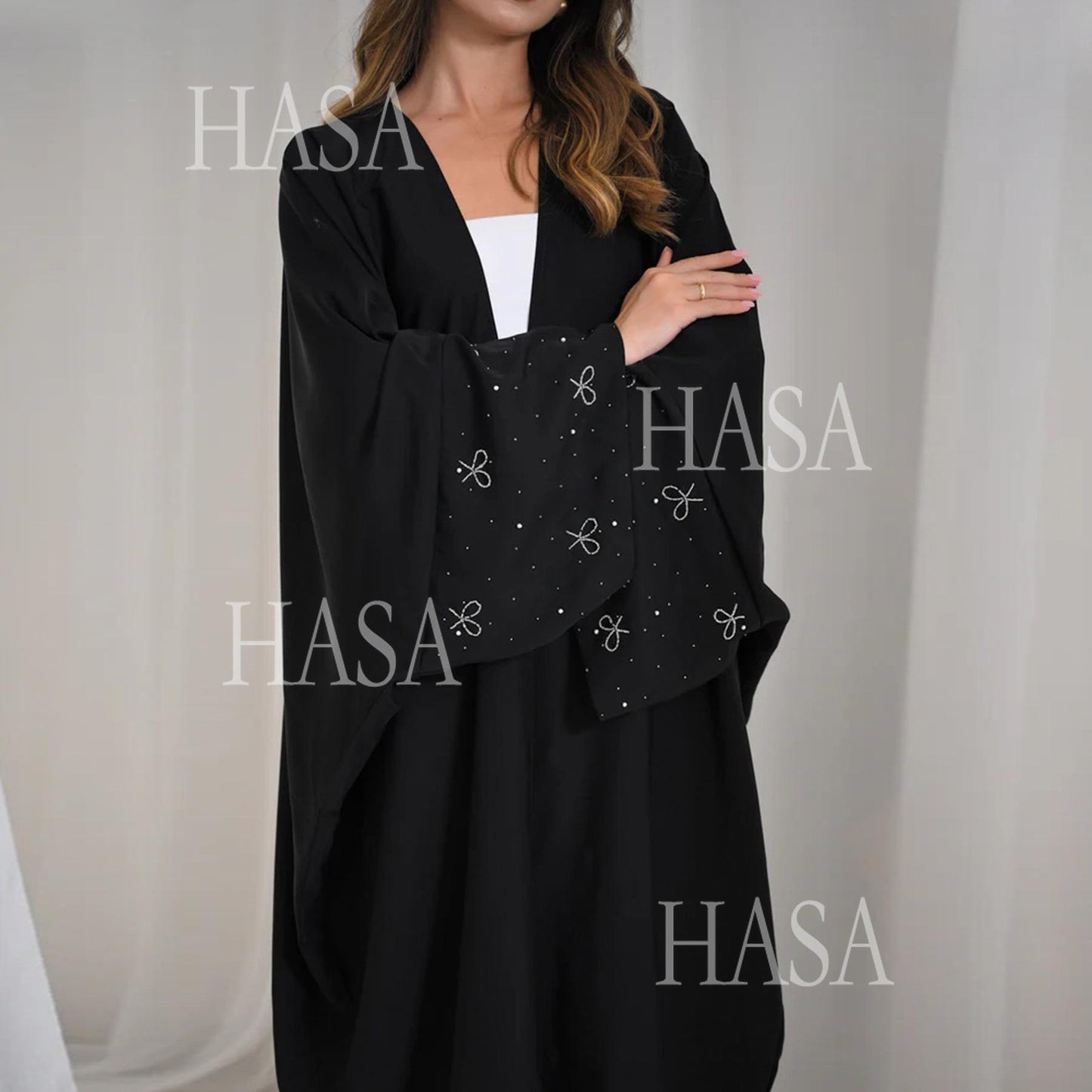 HS6492  Long-sleeved Robe with Bow and Beading