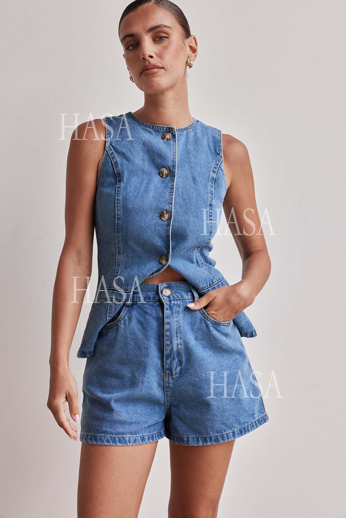 HASA HS6097 Women’s Button Front Denim Top with Matching Shorts