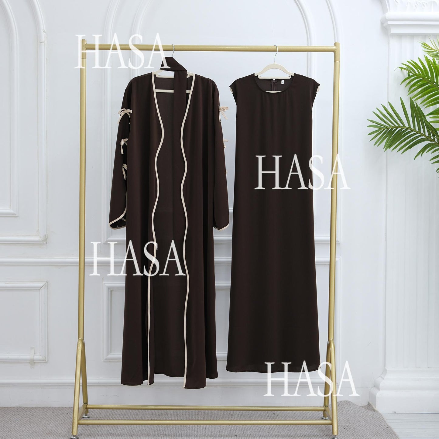 HS5883  A Two-piece Robe and Skirt Set with A Soft Bow and A Belt Design open abaya outfit