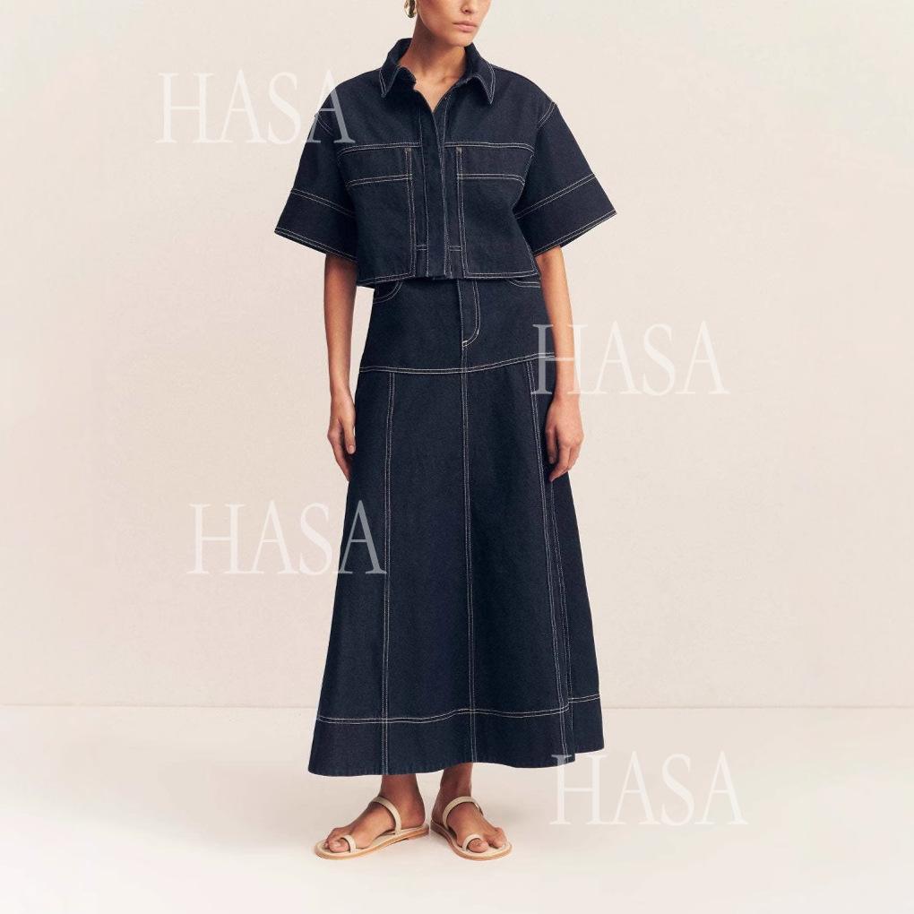 HASA HS6794 Trendy Dark Wash Denim Maxi Skirt Matching Set