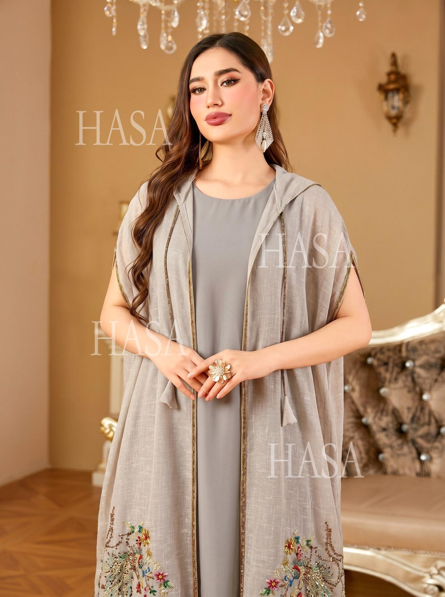 HASA HS6763 Elegant Tassel Hooded Maxi Ensemble