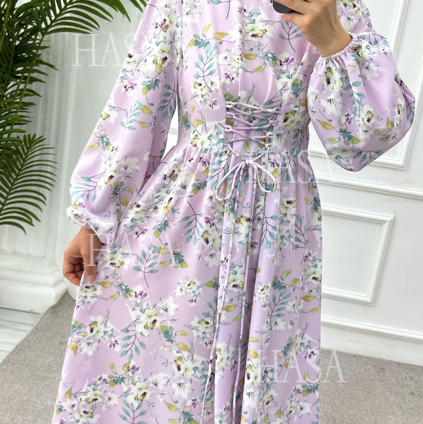 HS6489 Long-sleeved Floral Maxi Dress with Natural Waist