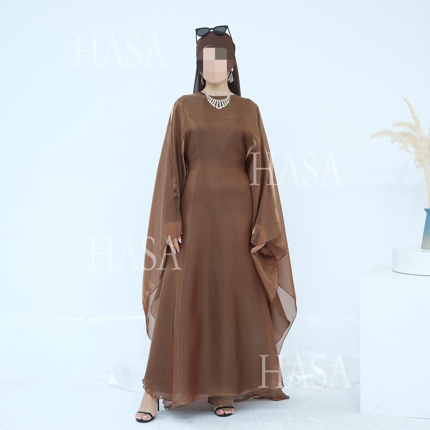 HS6524 Elegant two-piece solid-color robe and dress with optional headscarf