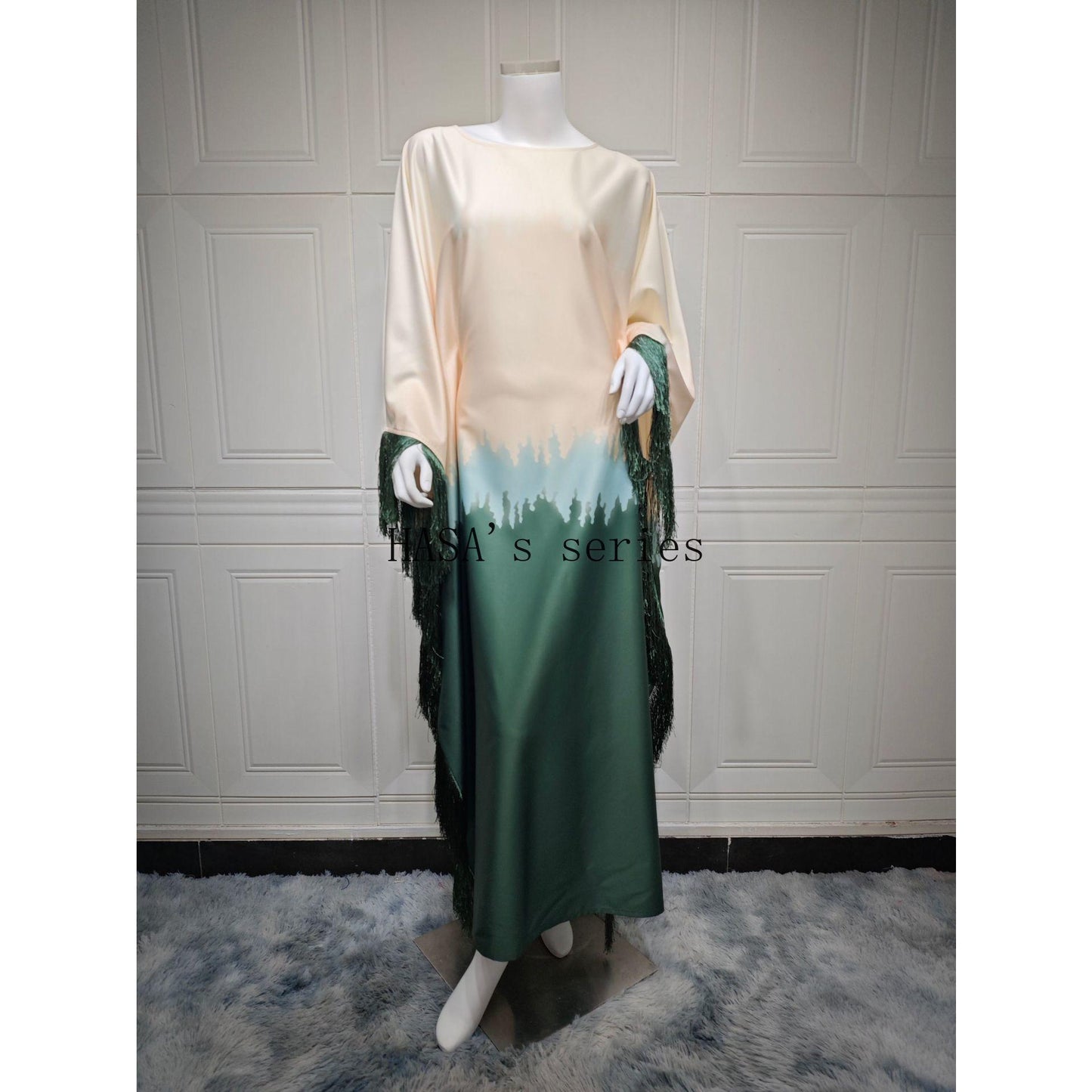 HS5095 Romantic Gradient Fringed Robe, Elegant Printed Long Dress