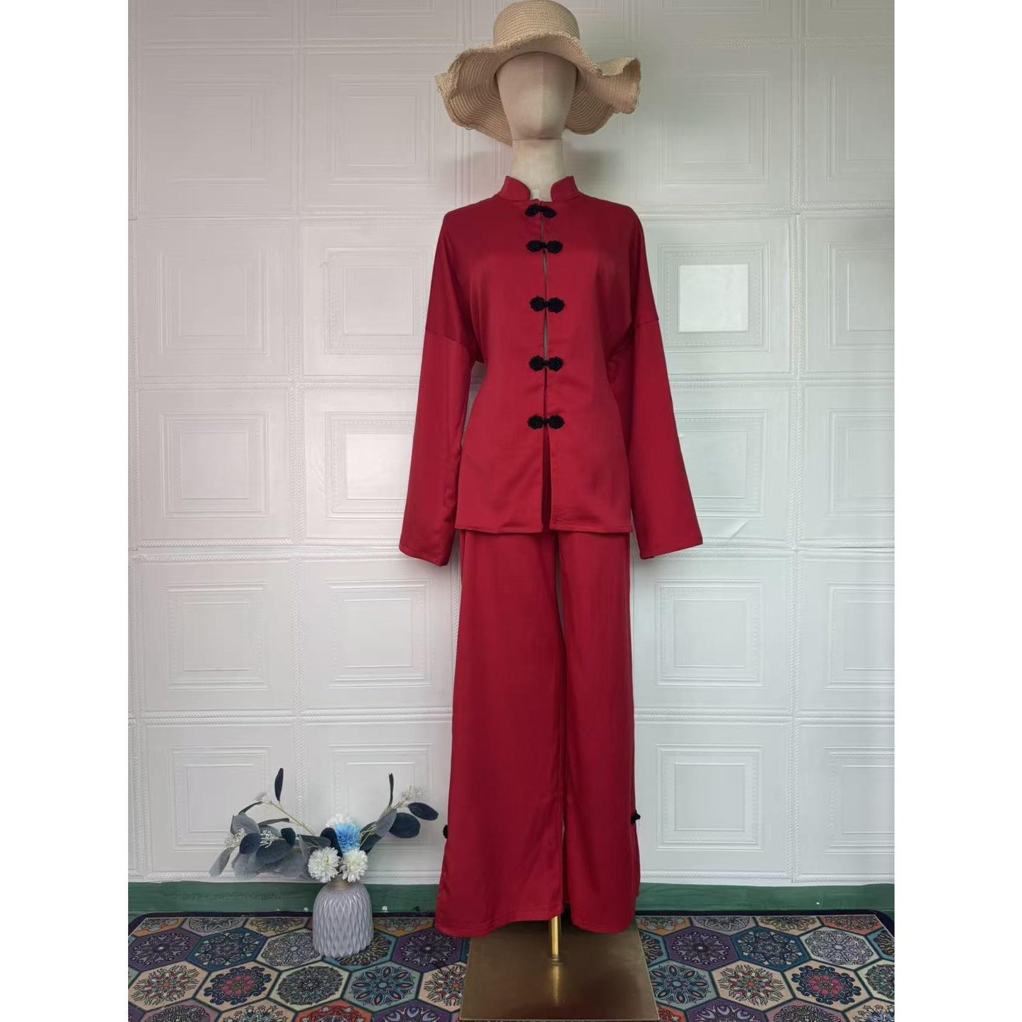 HS6738 Chic Long Sleeve Matching Set with Flowy Pants
