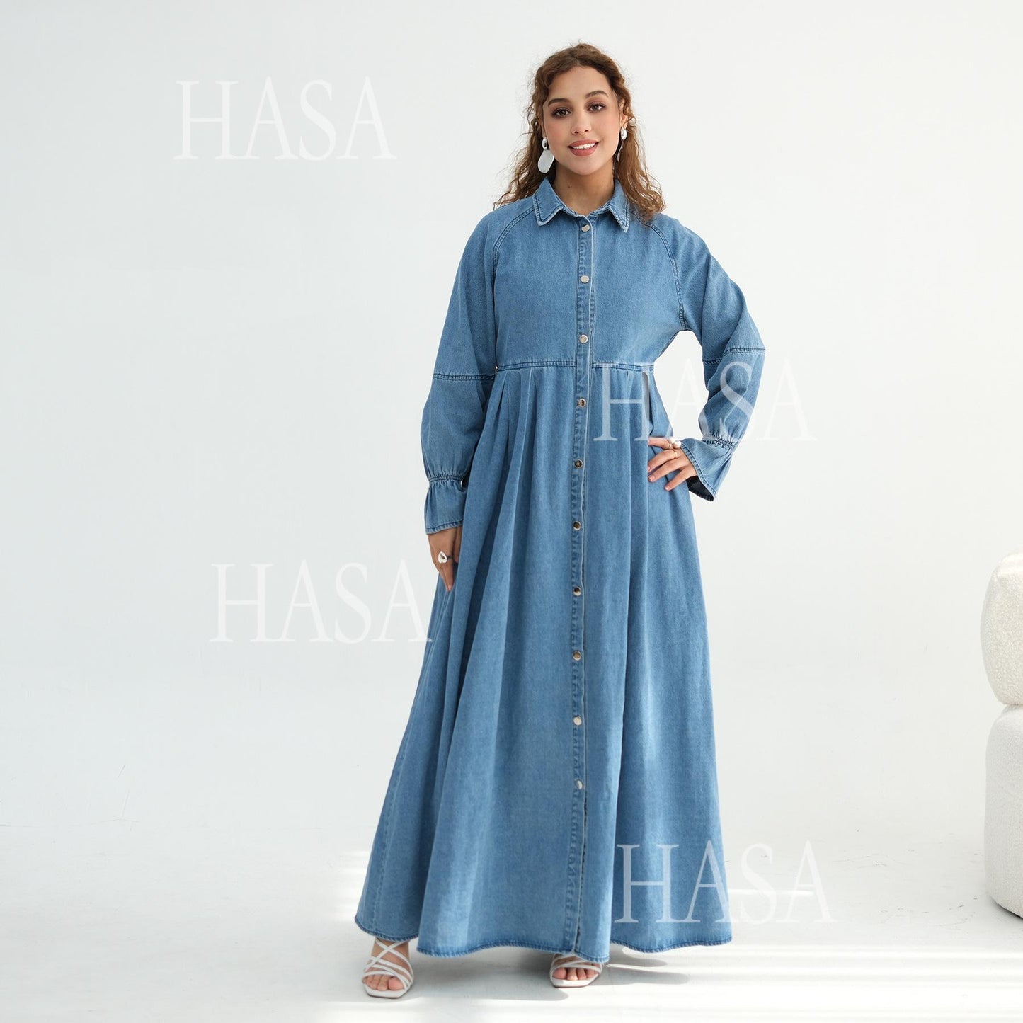 HASA HS6806 Chic Button Front Denim Maxi Dress