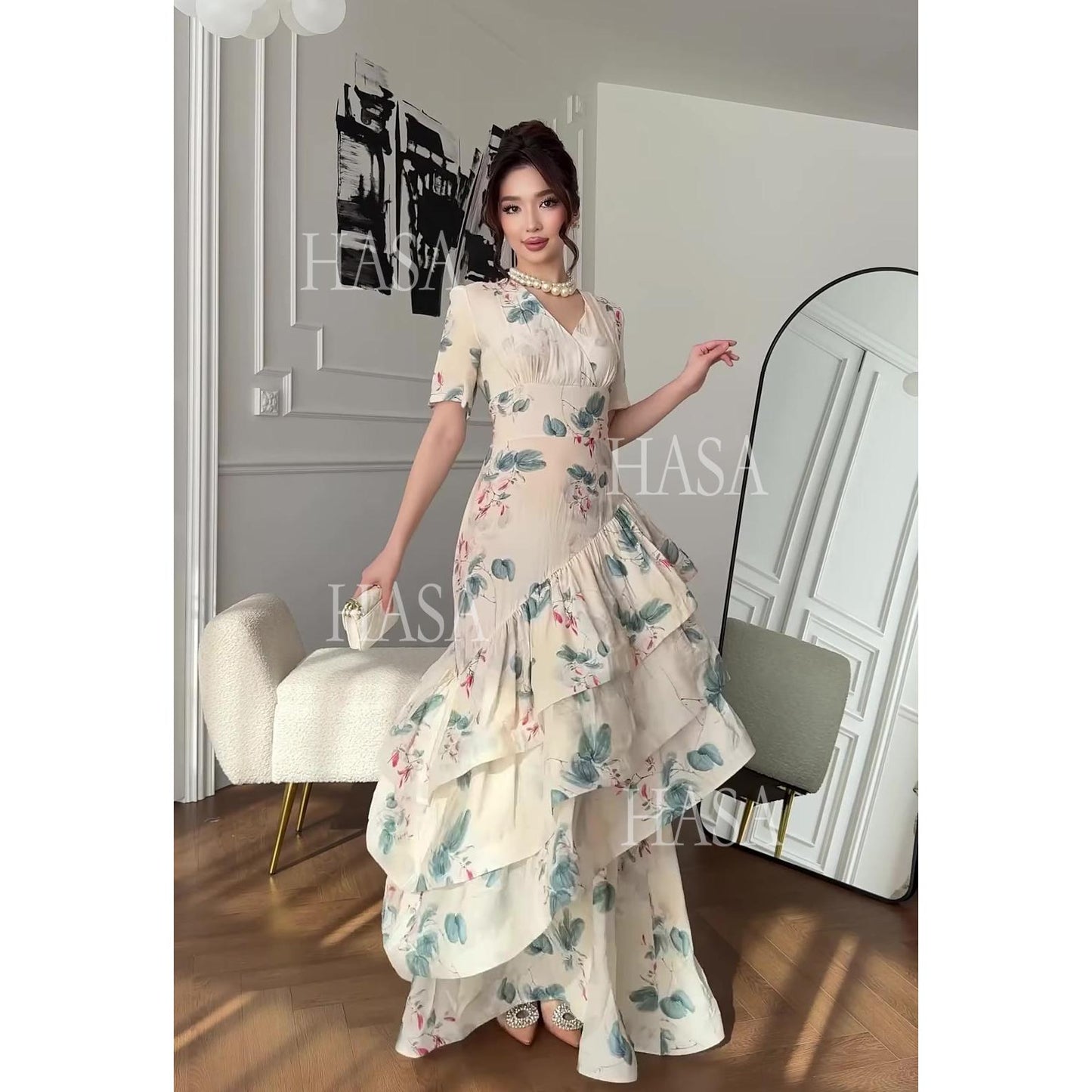HS6747 Soft Girl Inspired Flowing Maxi Dress