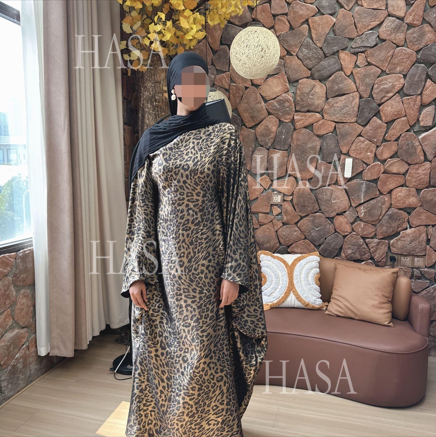 HS6469 Flowing Batwing Sleeve Leopard Maxi Dress (without Headscarf)
