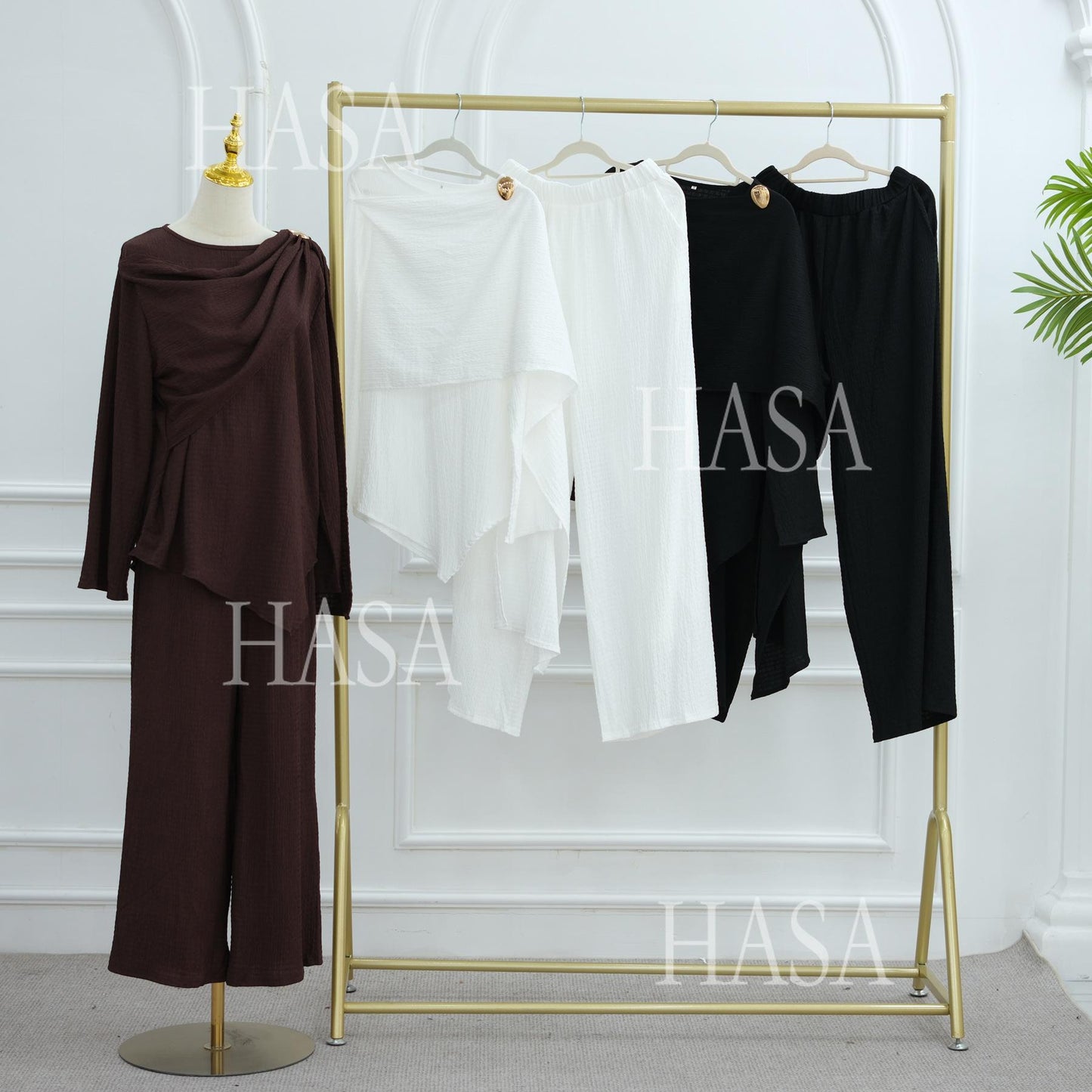 HS6568 Solid Color Design Top + Pants Two-piece Set for Daily Personality Wear