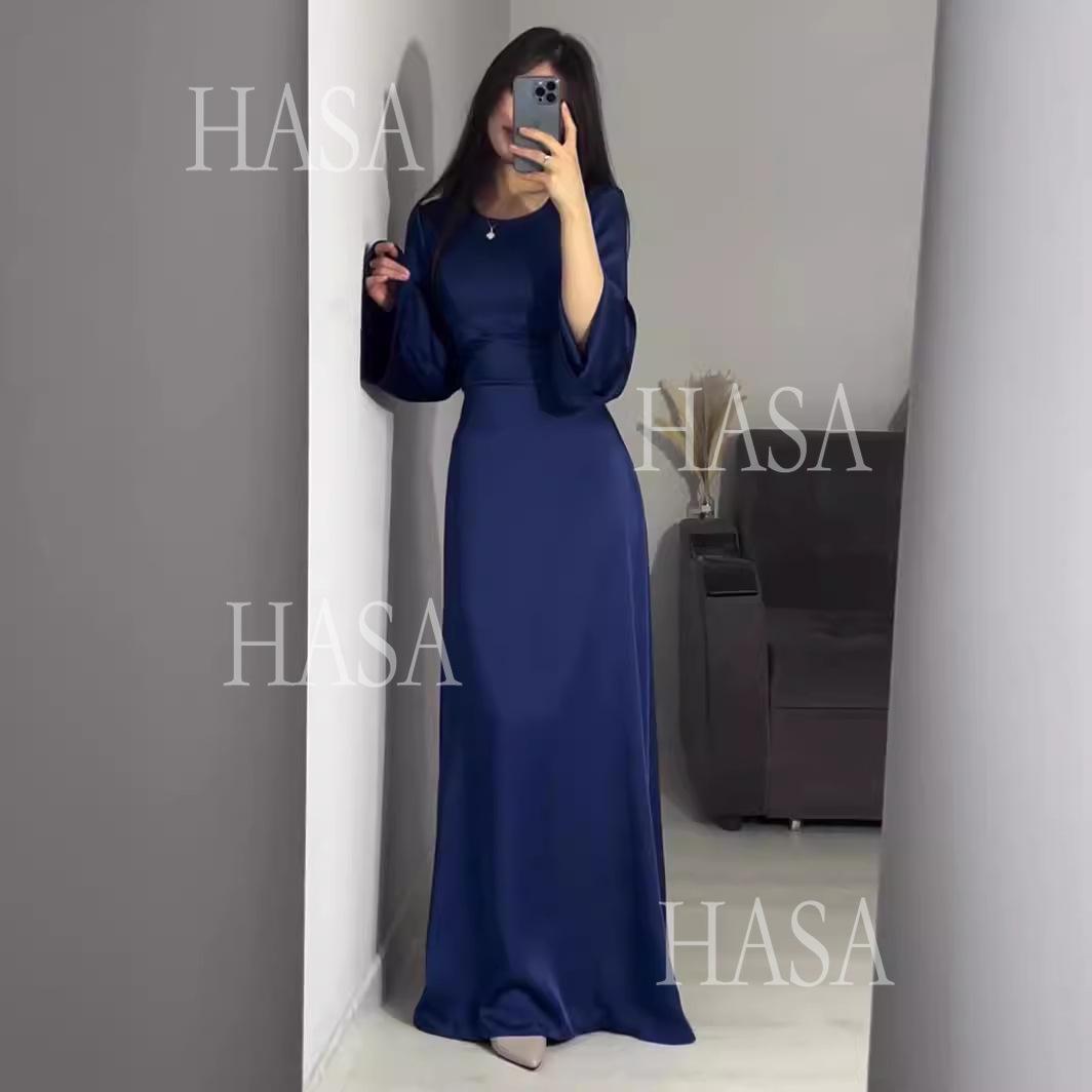 HASA HS6757 Classic Round Neck Flowy Maxi Dress