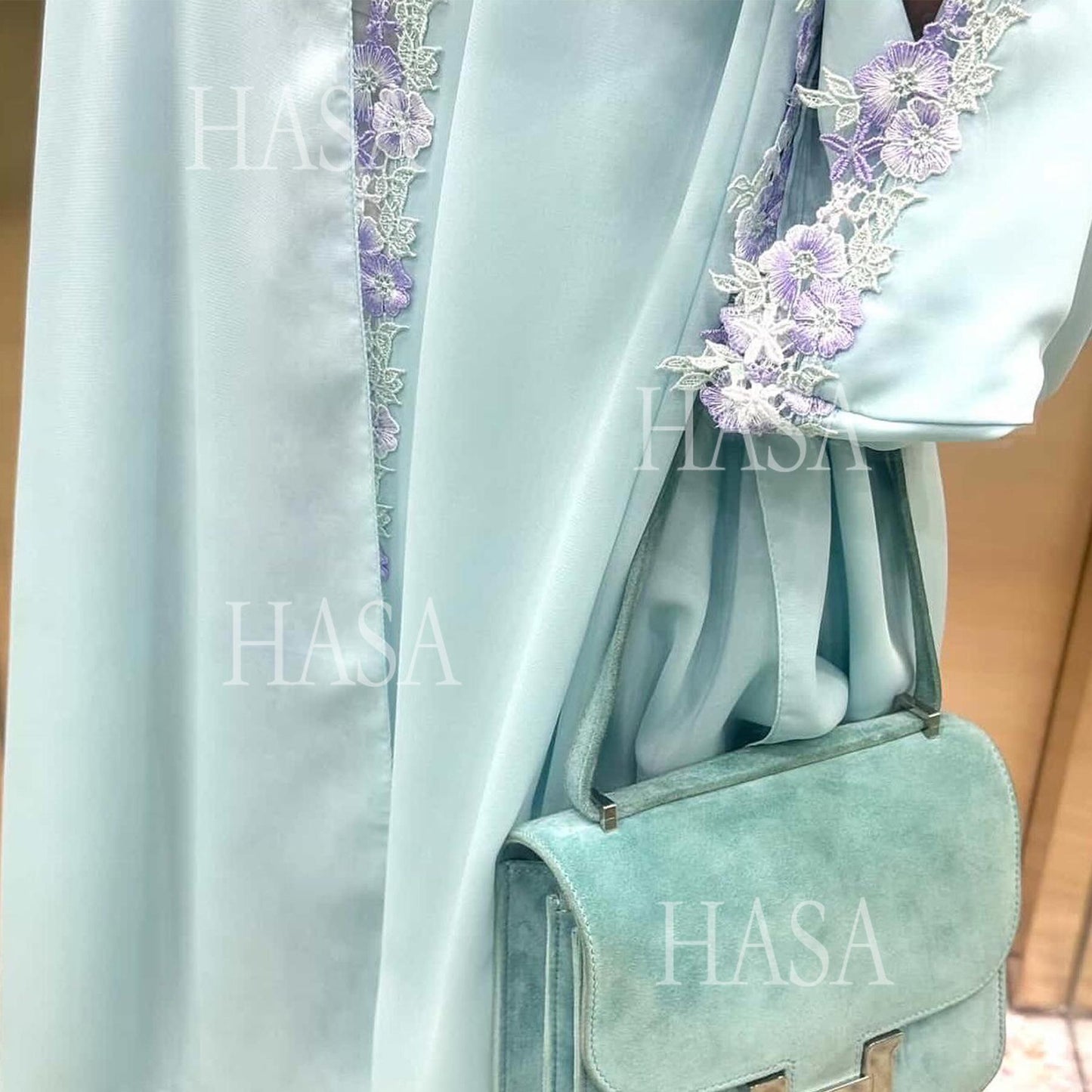 HS6562 Blue Bow Embroidered Abaya Tunic Cardigan