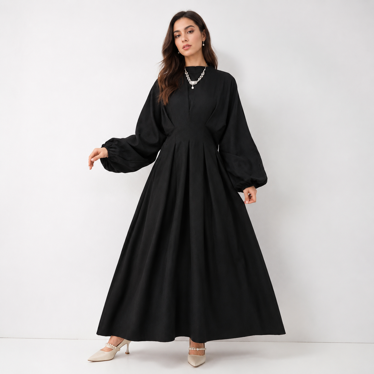 HS1226 Sculpted-Waist Modest Maxi Dress