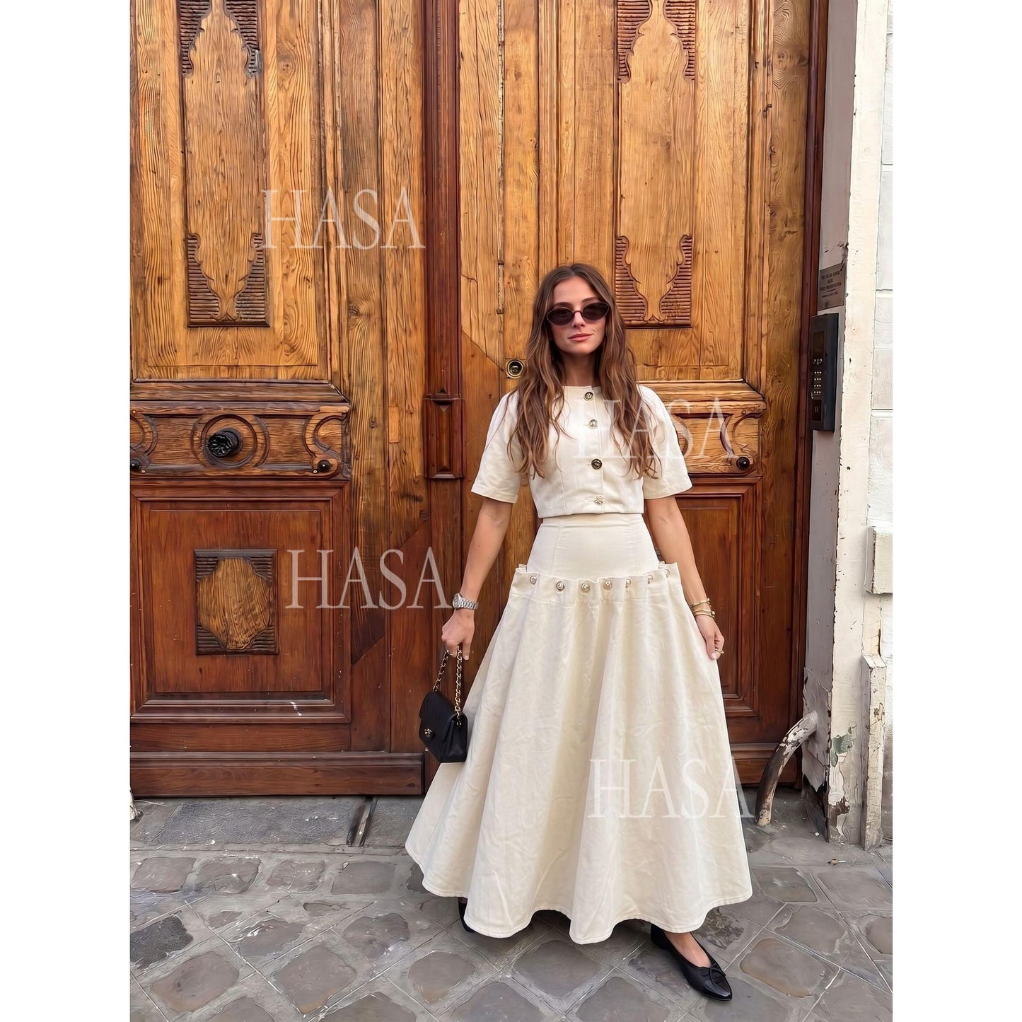 HASA HS6786 Luxury Look Dark Wash Denim Crop Top and Long Skirt Outfit