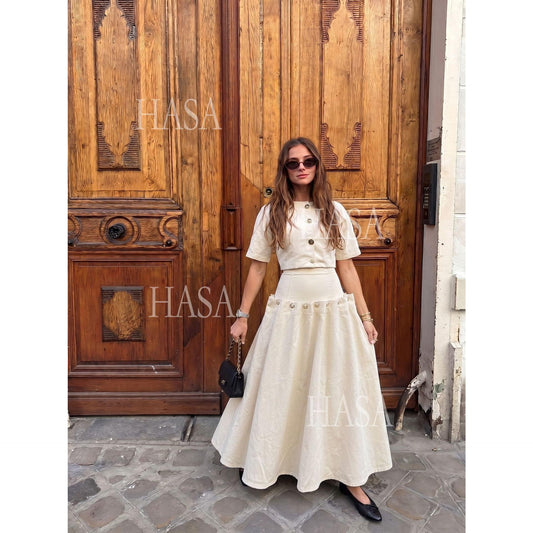 HASA HS6786 Luxury Look Dark Wash Denim Crop Top and Long Skirt Outfit