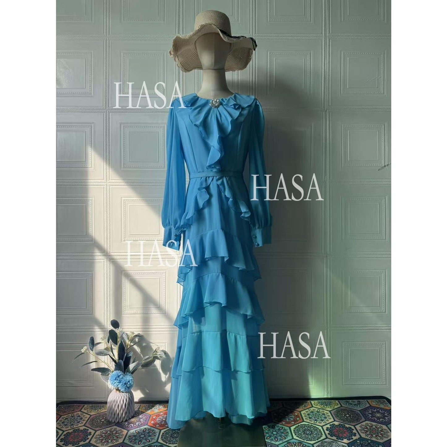 HS6733 Flowy Elegant Maxi Dress with Cascading Ruffles