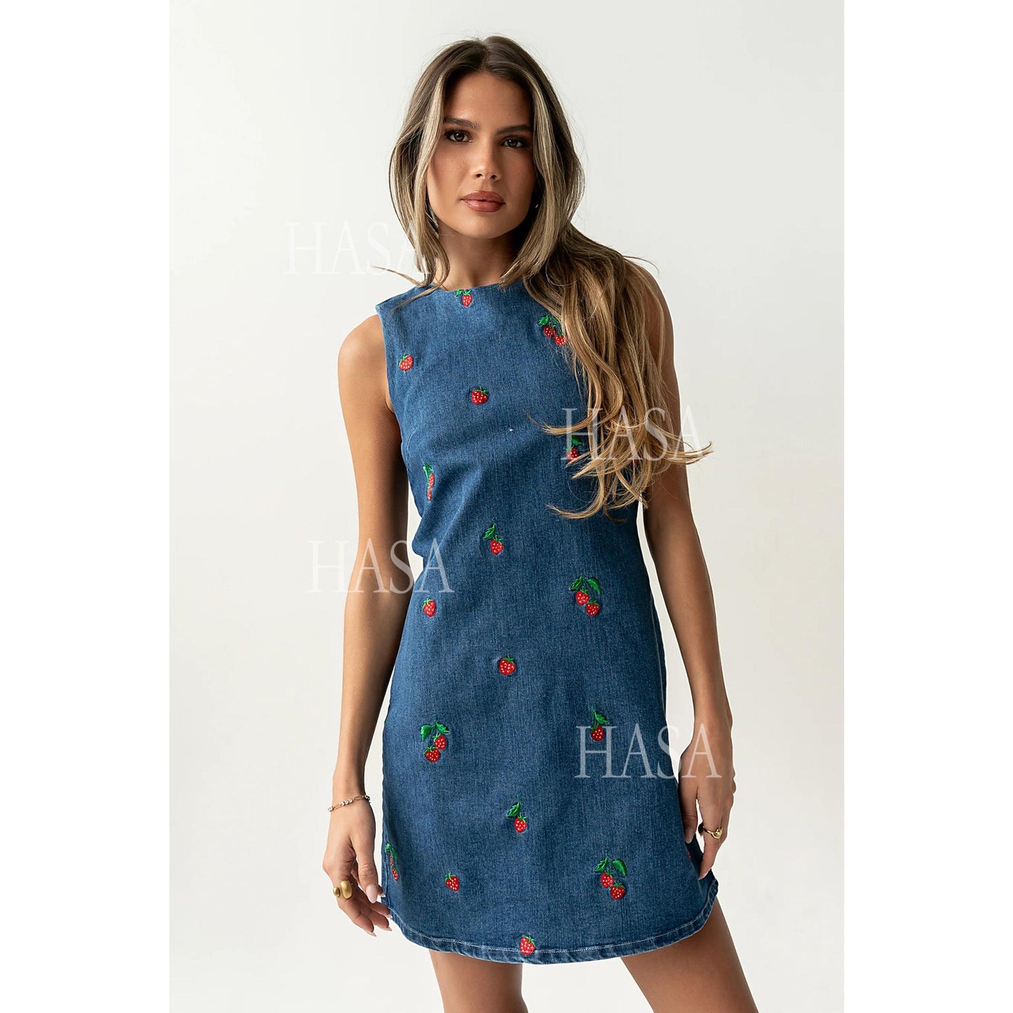 HASA HS6785 Sweet Strawberry Denim Mini Dress for Everyday Street Style