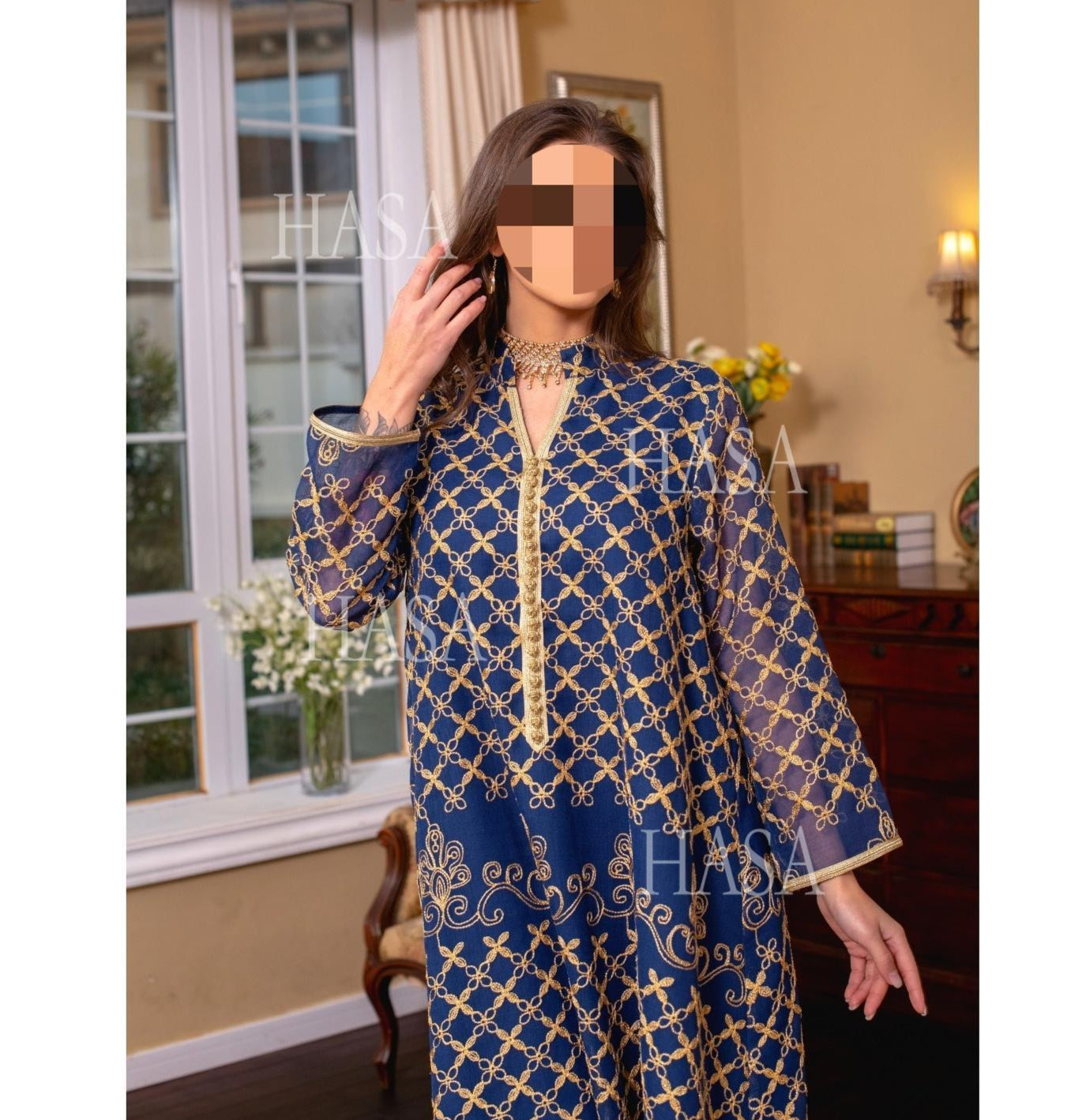 HS6640 Elegant Openwork Embroidered Abaya Long Dress