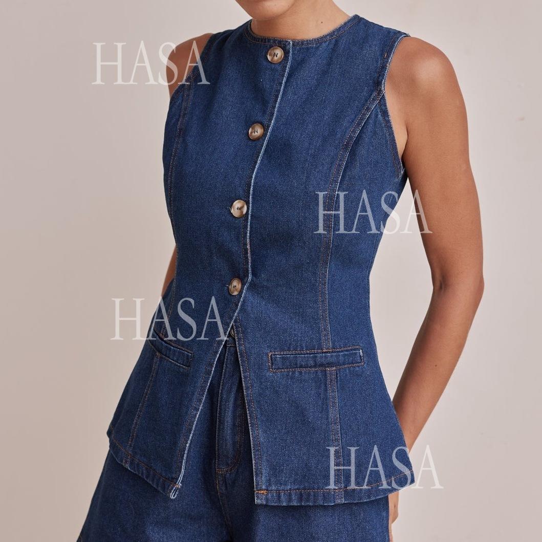 HASA HS6097 Women’s Button Front Denim Top with Matching Shorts
