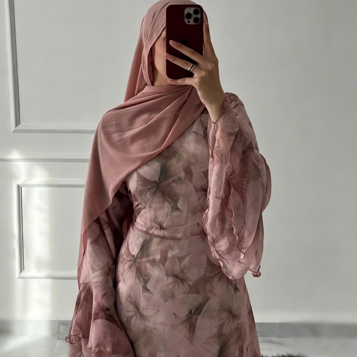 HASA HS6811 Chiffon Floral Maxi Dress Flare Ruffle Sleeve Elegant Long Dress for Women Daily Party Wear