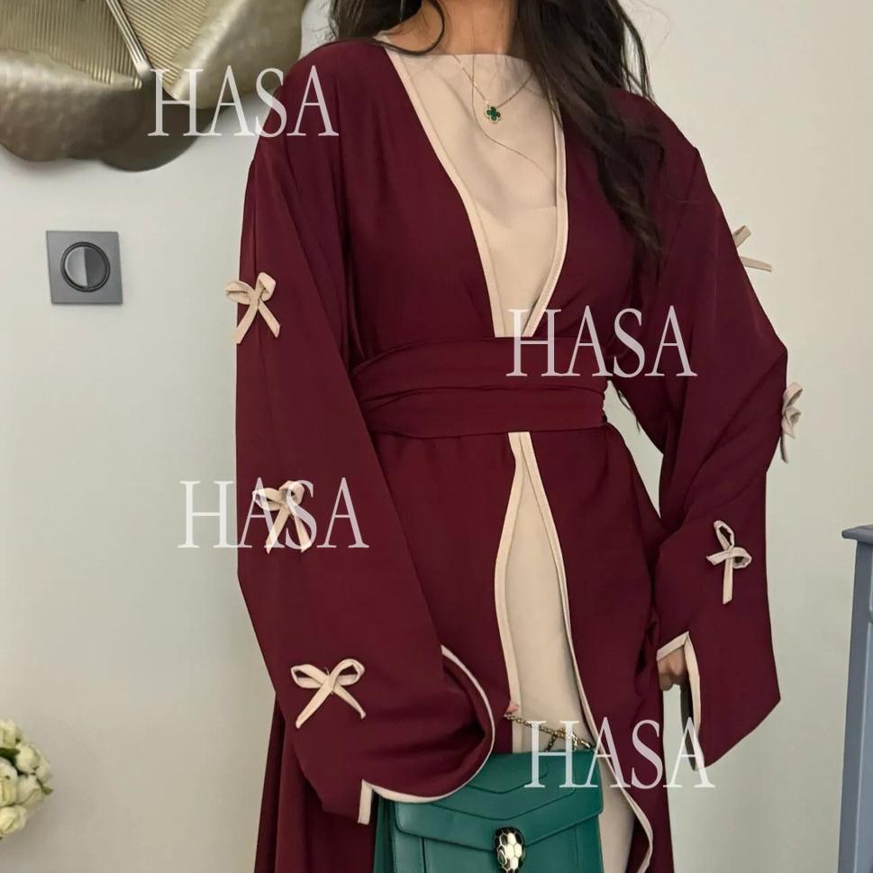 HS5883  A Two-piece Robe and Skirt Set with A Soft Bow and A Belt Design open abaya outfit
