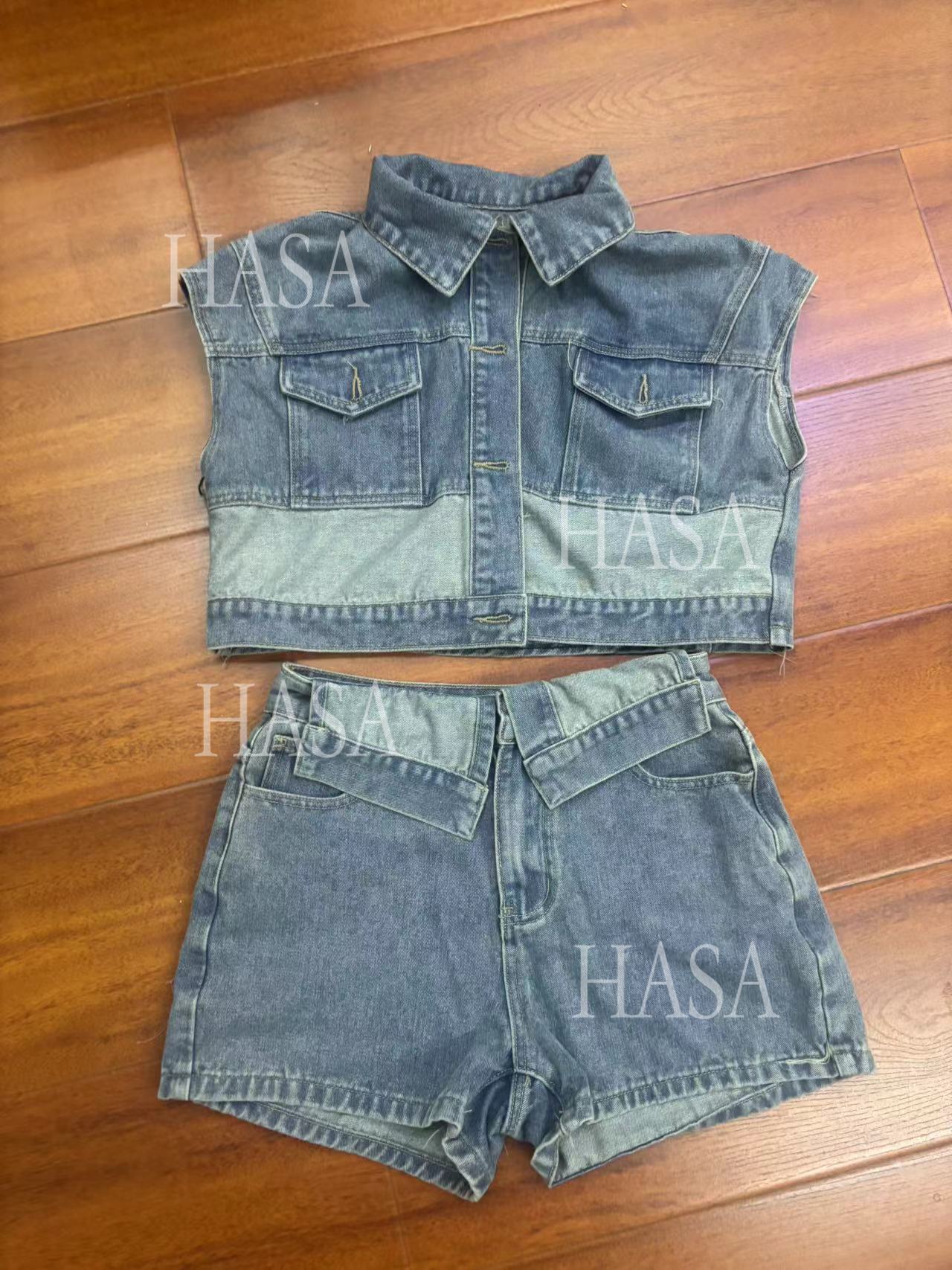HASA HS6275 Cool Streetwear Denim Two Piece Shorts Set with Cropped Top