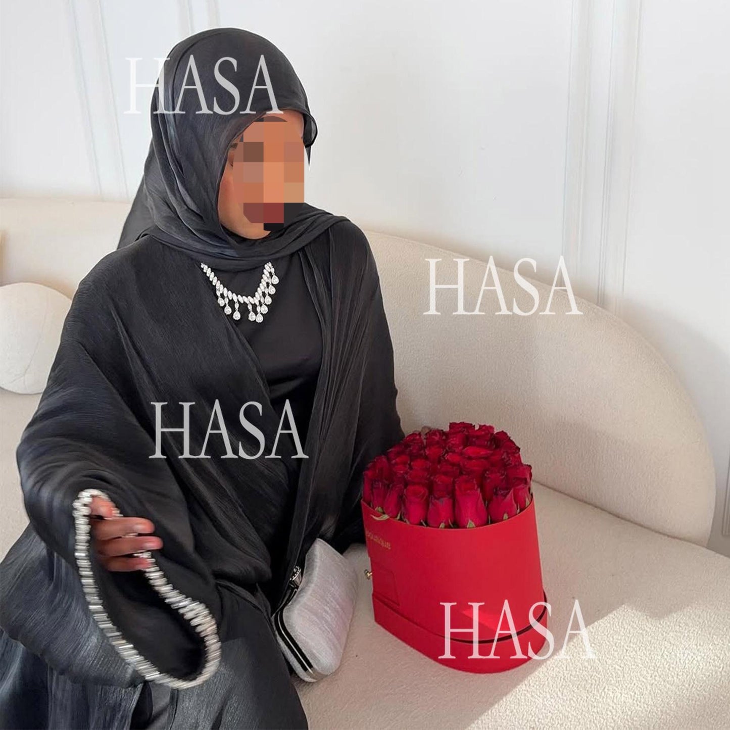 HS6553  Two-Piece Solid Abaya with Beaded Details and Matching Scarf Option