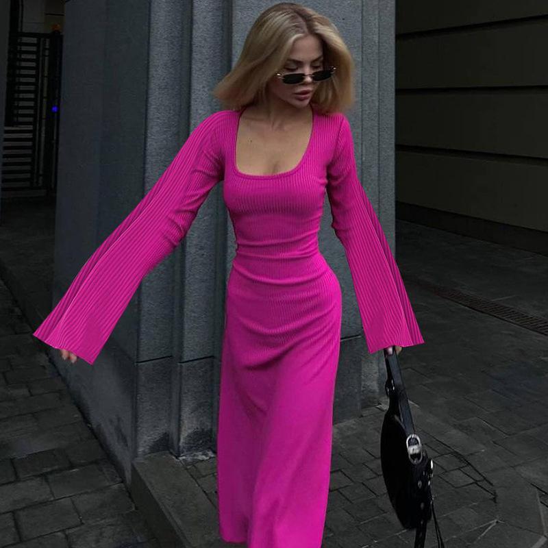 HASASERIES HS0676 Flared Long Sleeved High Waist Maxi Skirt with Lace-up Back