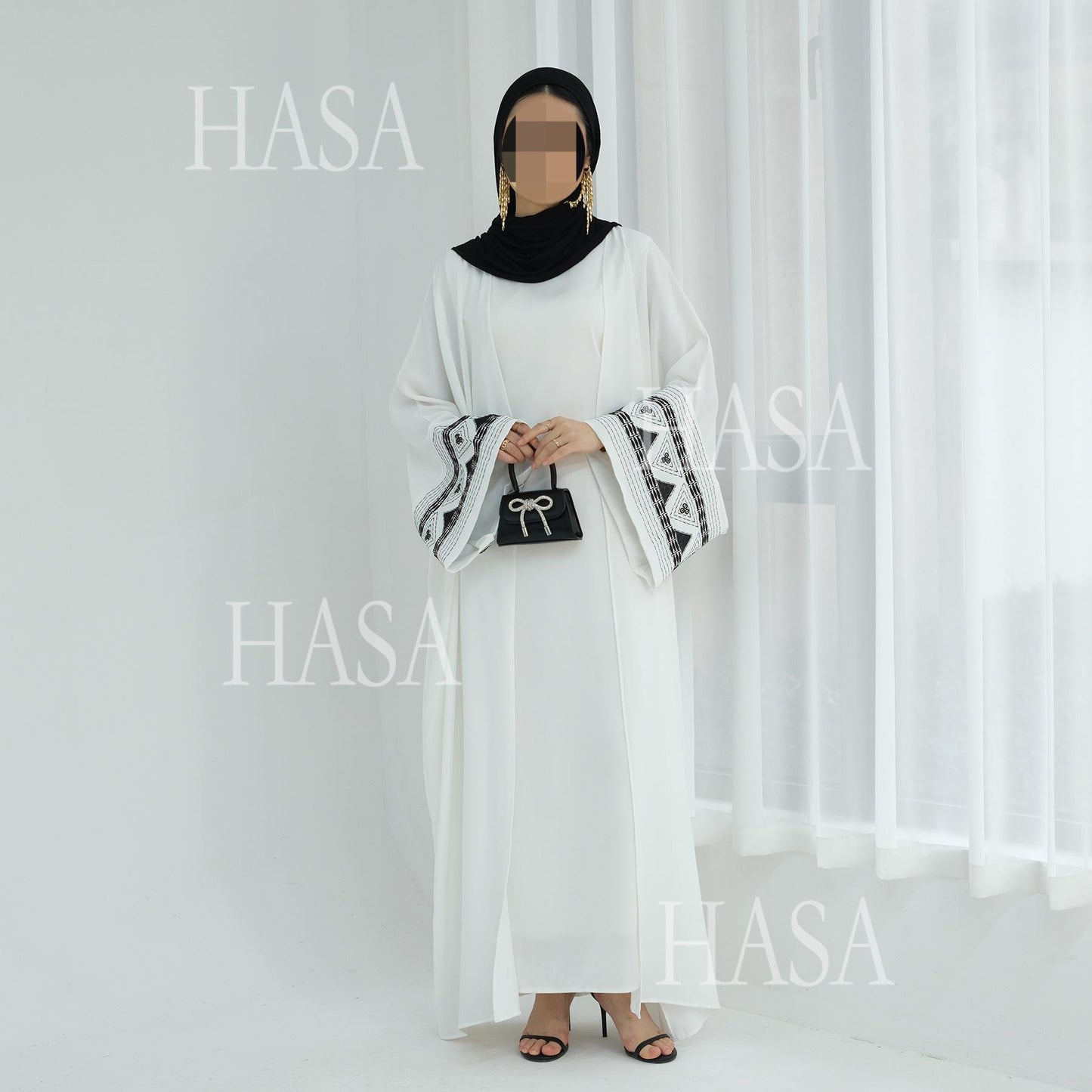 HASA's Series HS6506 Long Wide Sleeve Embroidered Robe Cardigan (No Headscarf)