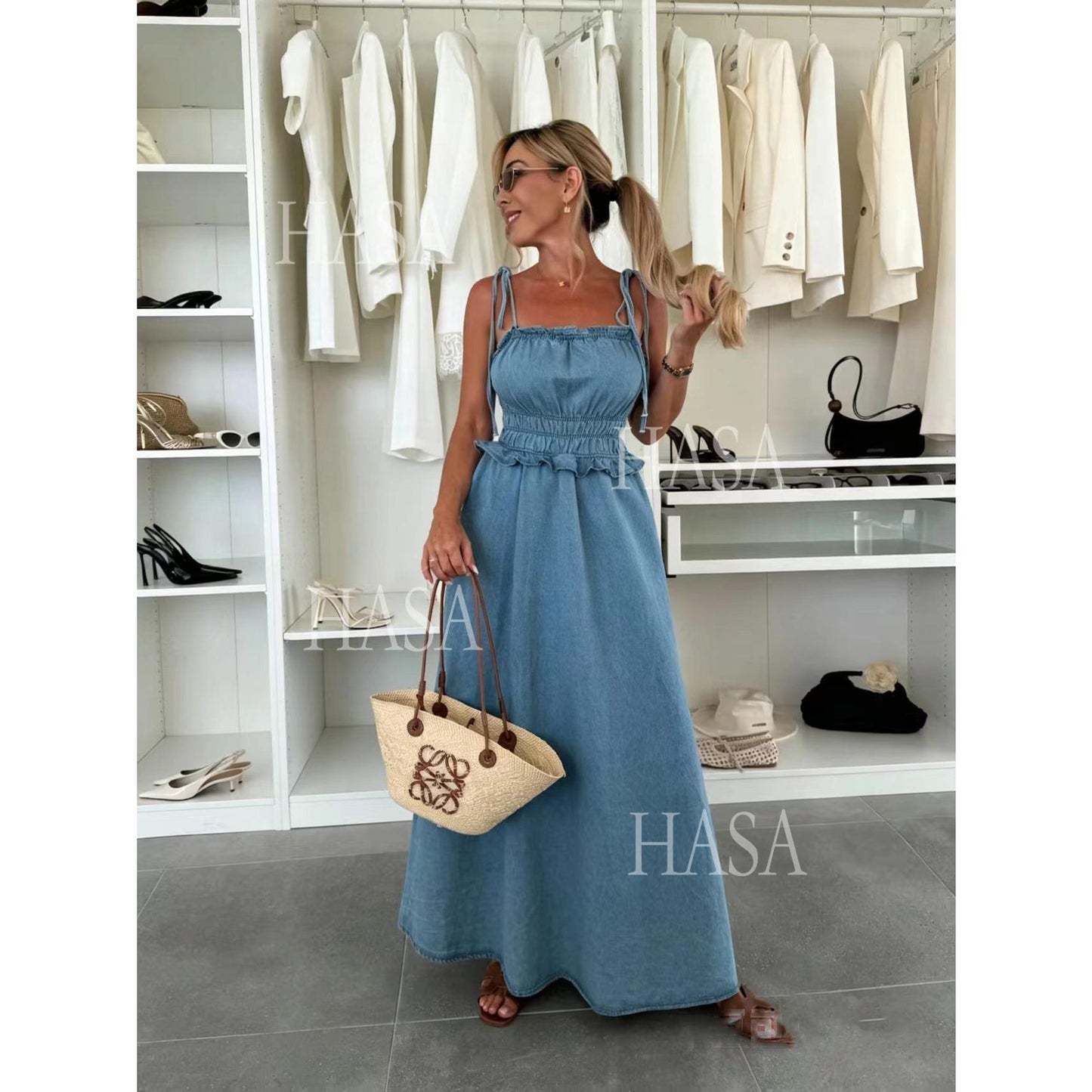 HASA HS6790 Chic Sleeveless Denim Maxi Dress with Flowy A Line Skirt