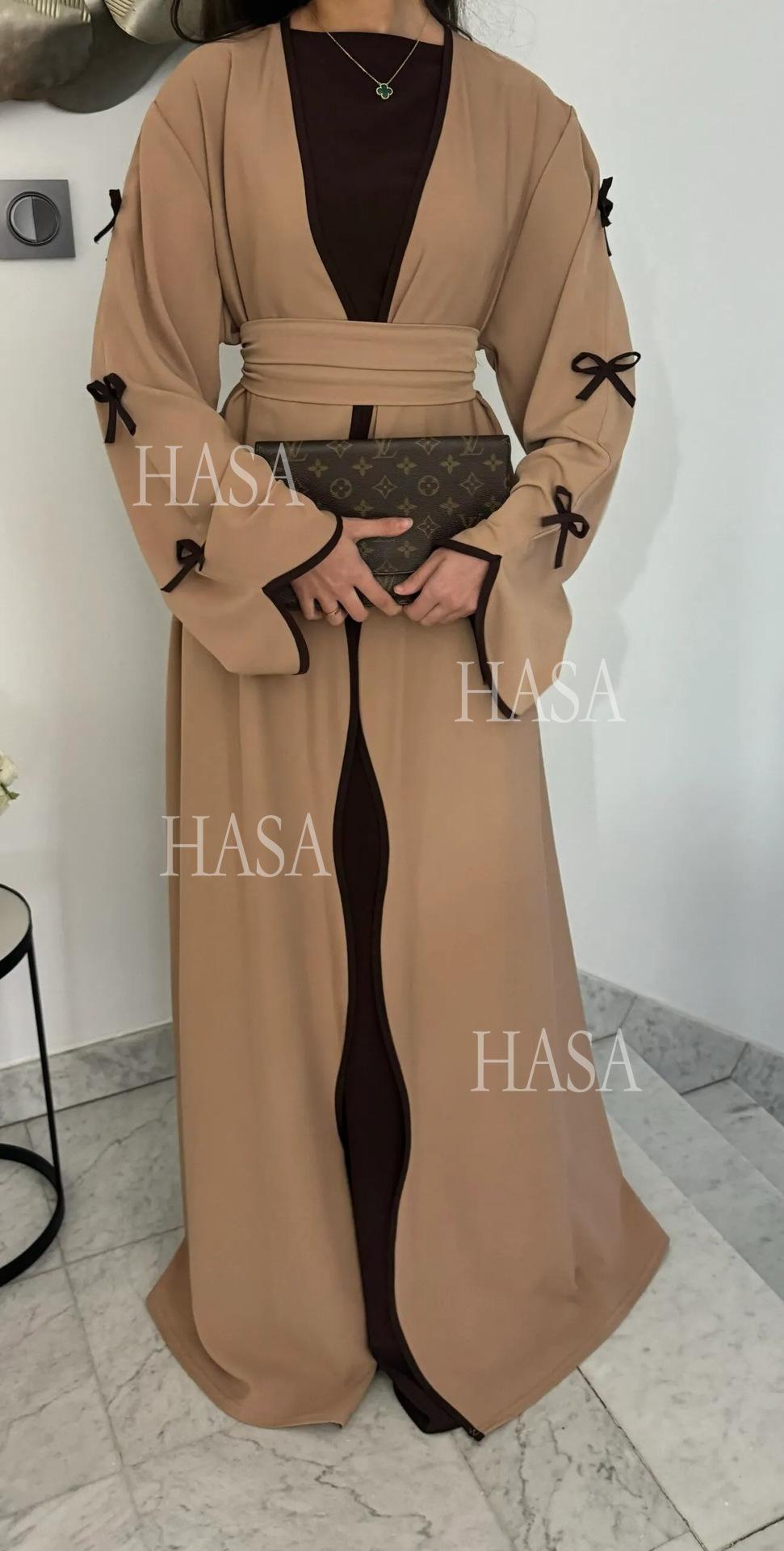 HS5862 Elegant Wavy-edge Bow Robe (with Belt) for A Feminine Look