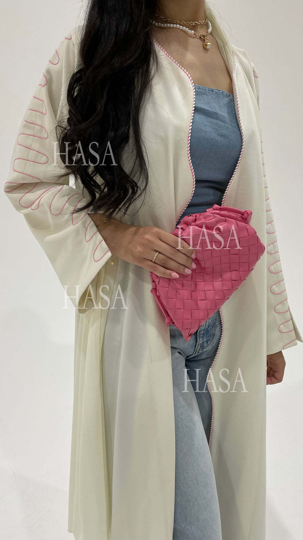 HASA's Series HS6582 Abaya Women's Long Embroidered Cardigan Jacket with Wavy Edges