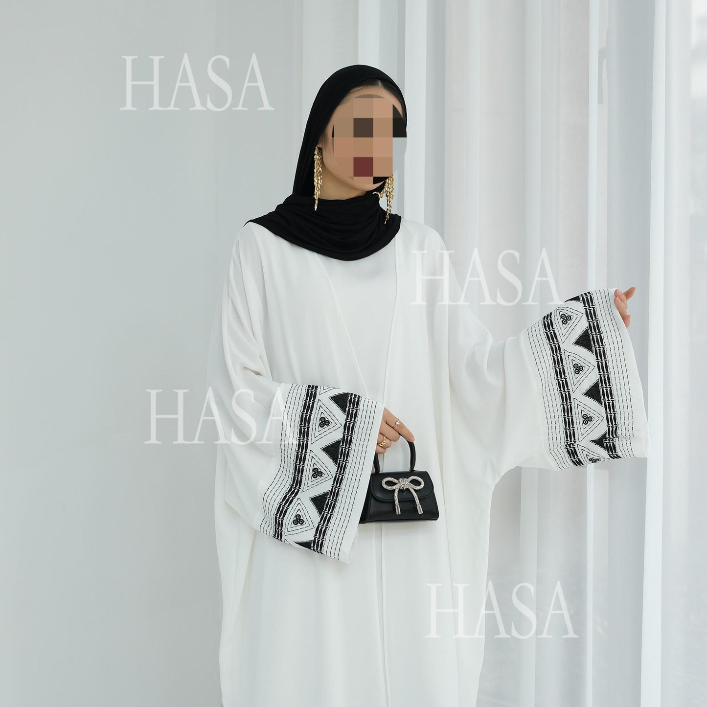 HASA's Series HS6506 Long Wide Sleeve Embroidered Robe Cardigan (No Headscarf)