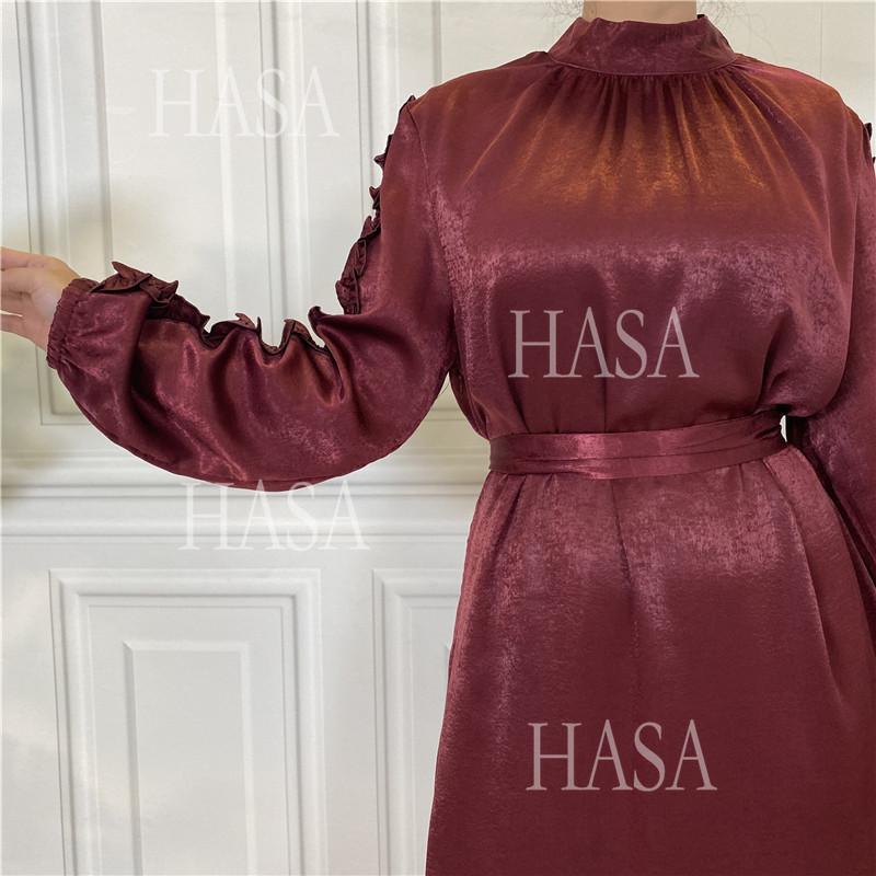 HS6591 Solid Color Turtleneck Long Sleeve Dress with Pleated Waistband