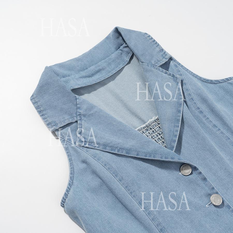 HASA HS6775 Elegant V Neck Button Front Denim Dress