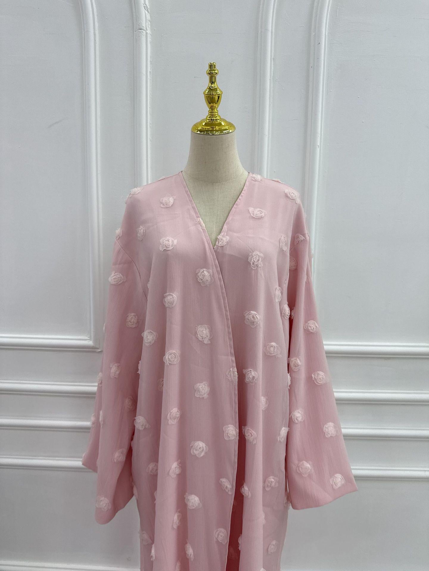 HASA HS6782 Graceful Floral Pink Abaya with Matching Scarf
