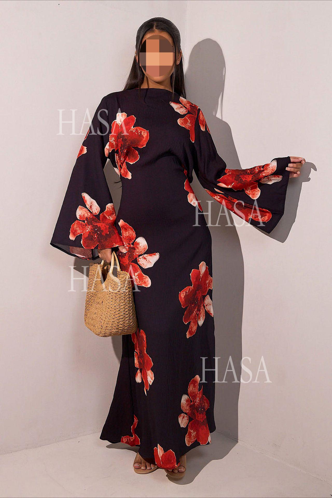 HS6503 Long-sleeved Waist-length Printed Dress (one Piece)