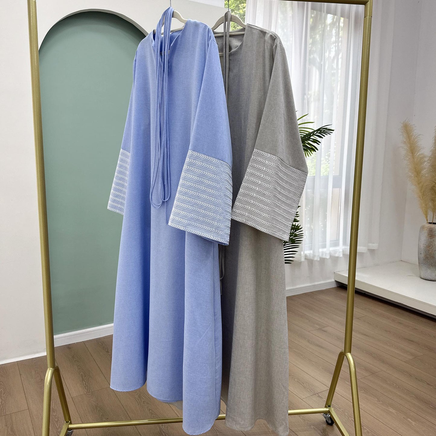 HS6490 Embroidered Panel Sleeve Long Dress