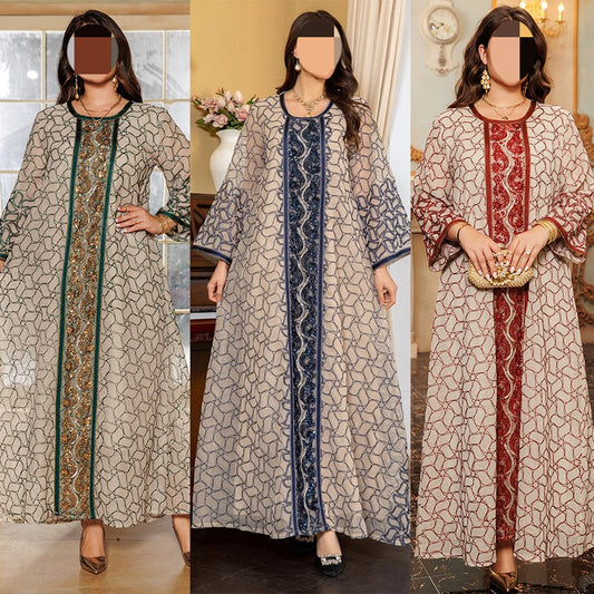 HS6668 A Simple and Elegant Long Dress Adorned with Mesh Embroidery.