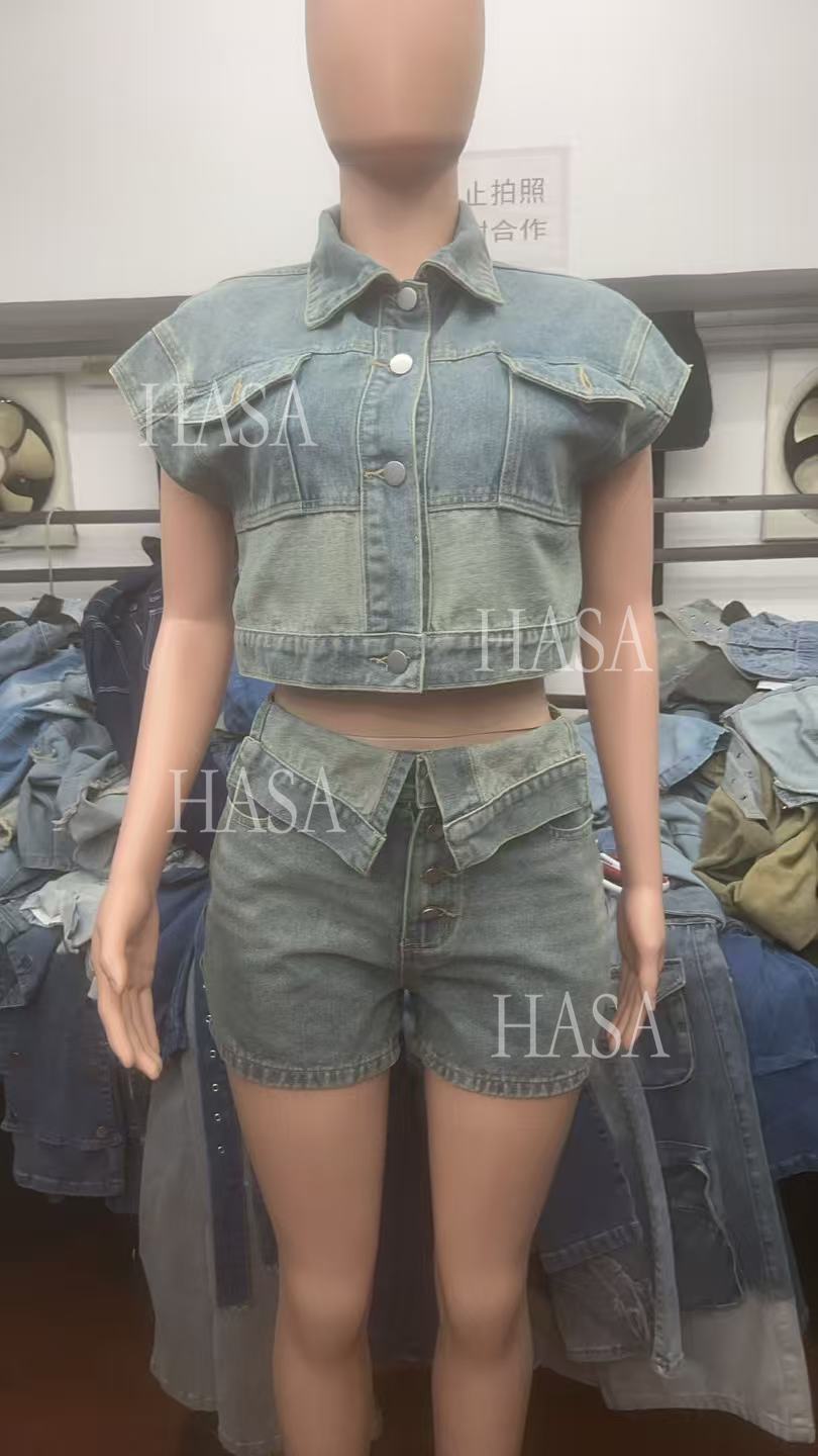 HASA HS6275 Cool Streetwear Denim Two Piece Shorts Set with Cropped Top