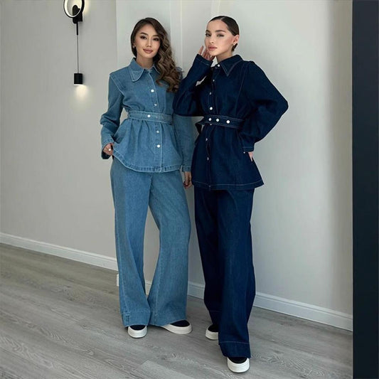 HS5890 Completo in Denim Lavato Primaverile Per Donne Con Cintura, Giacca Monopetto A Maniche Lunghe E Pantaloni A Vita Alta