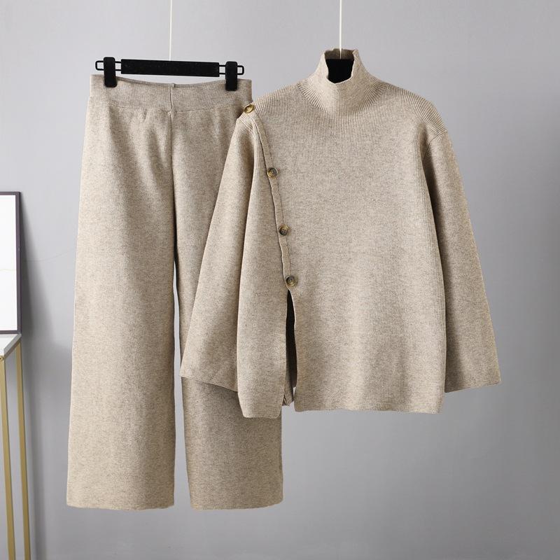 HS0553 Two-Piece Set High-Neck Sweater and Casual Wide-Leg Trousers