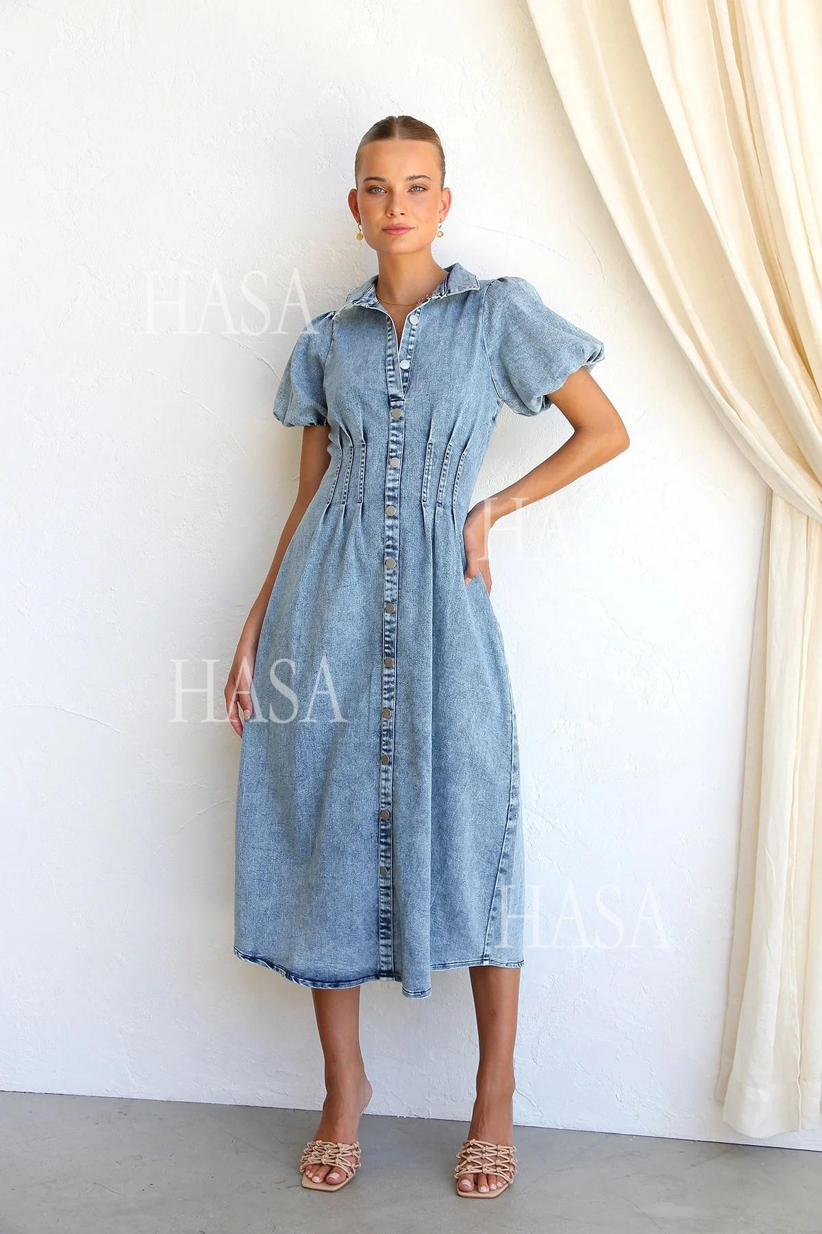 HASA HS6797 Elegant Puff Sleeve Denim Maxi Dress