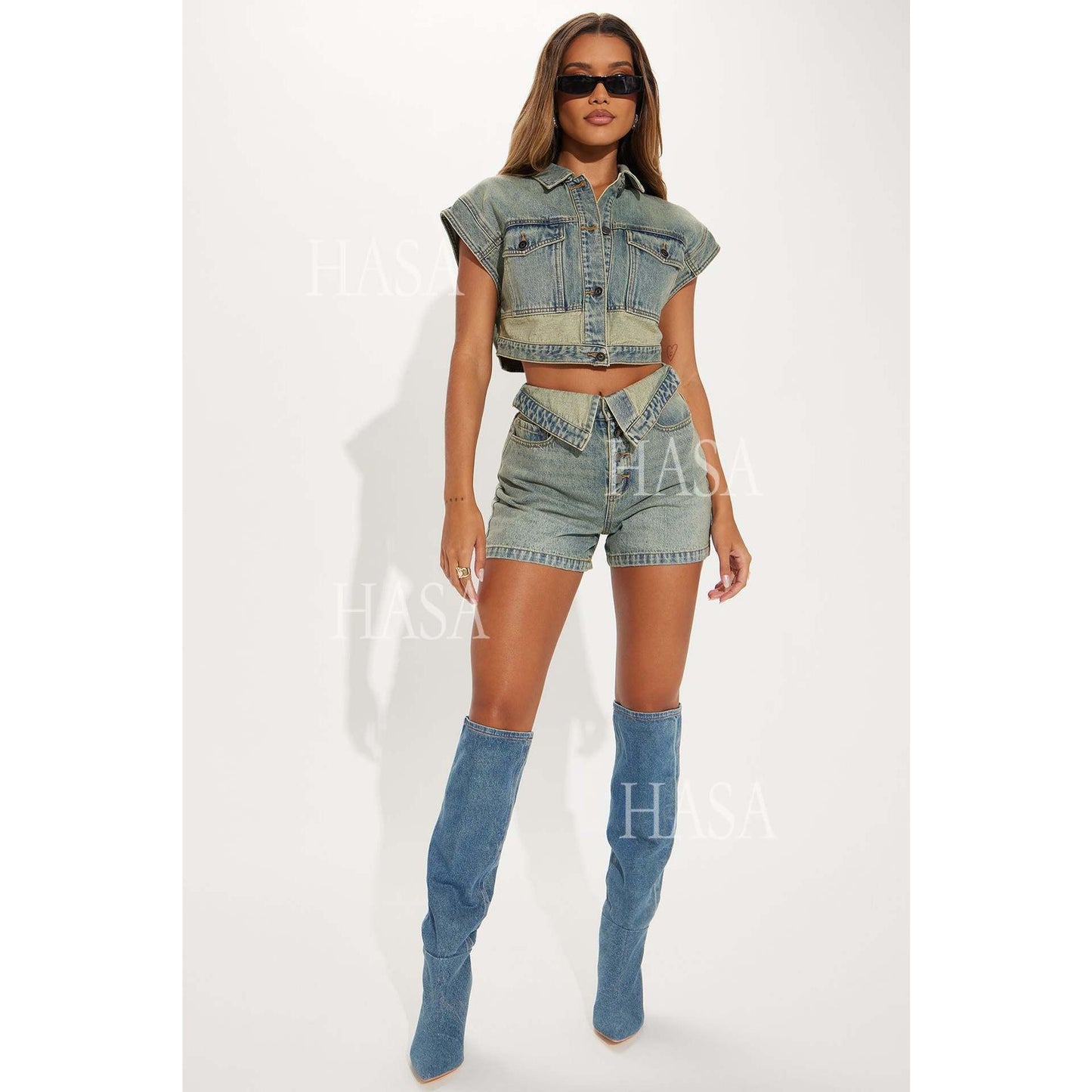 HASA HS6275 Cool Streetwear Denim Two Piece Shorts Set with Cropped Top