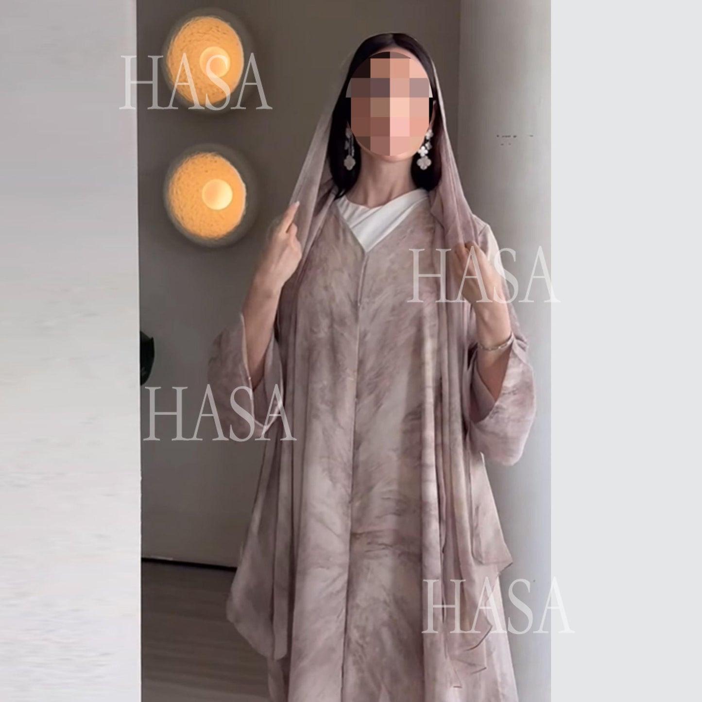 HS6551 Printed Abaya Cardigan with Matching Scarf Two-Piece Set
