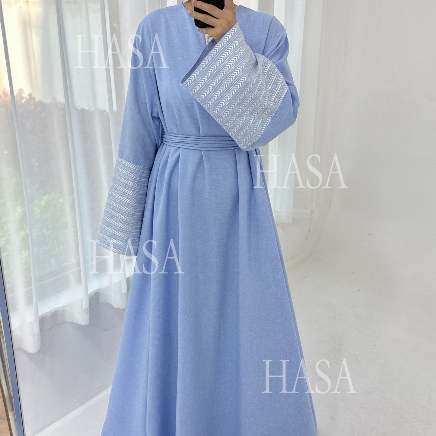 HS6490 Embroidered Panel Sleeve Long Dress