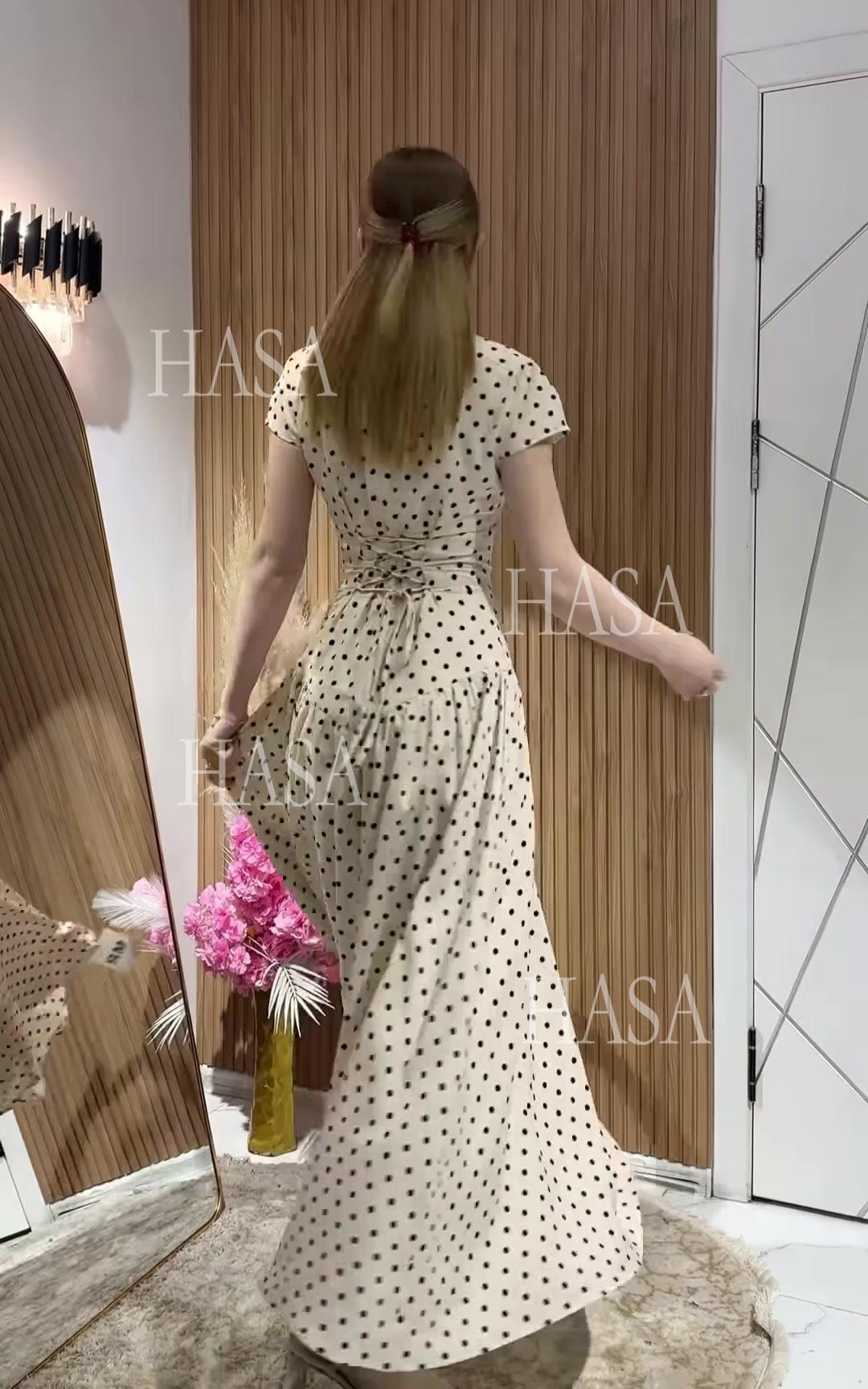 HS6740 Chic Polka Dot Long Dress High Neck Short Sleeve Waisted Maxi Dress