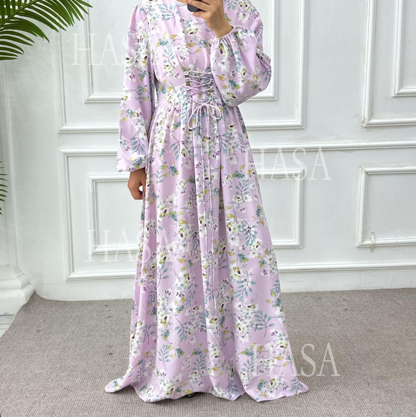 HS6489 Long-sleeved Floral Maxi Dress with Natural Waist