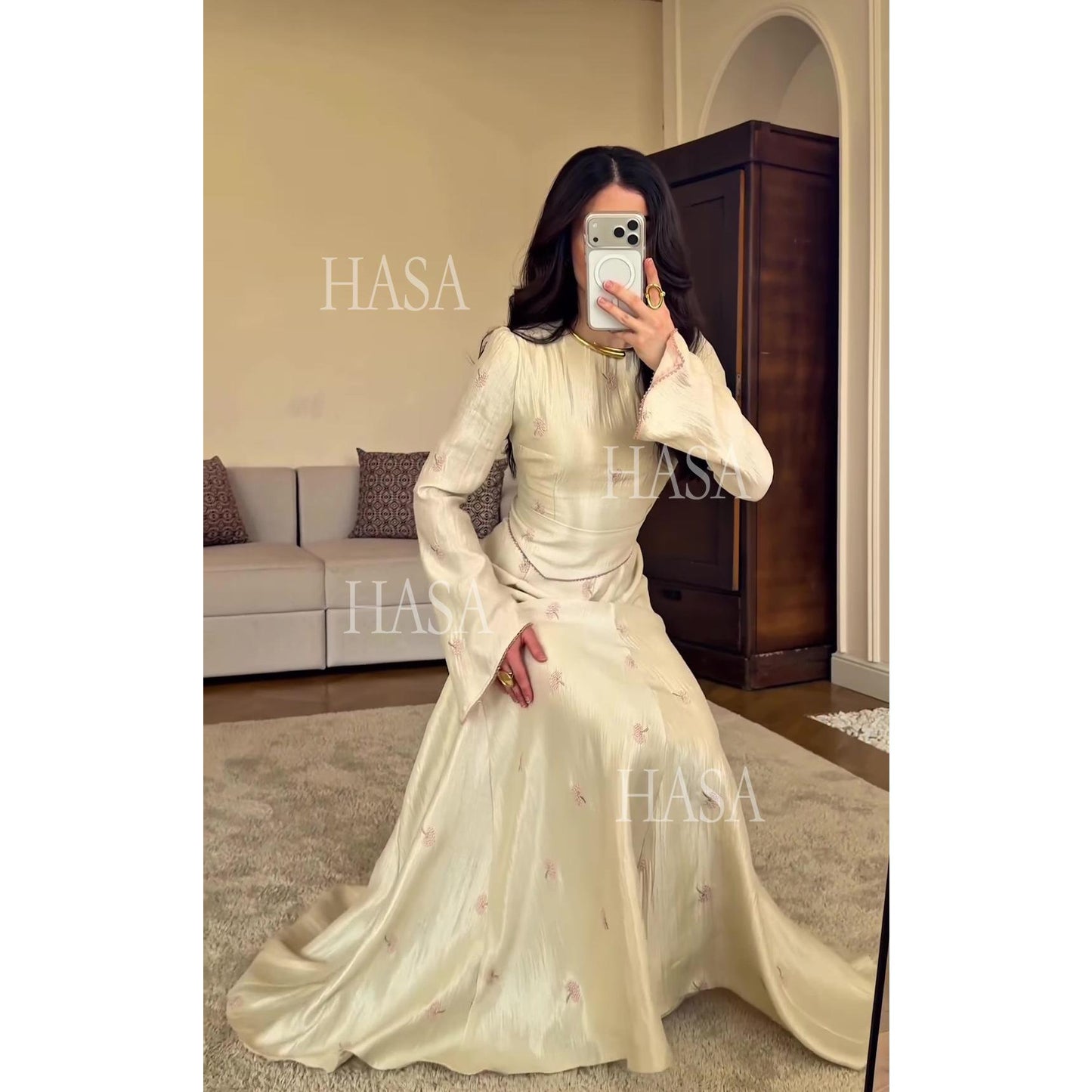HS6745 Chic Cream Embroidered Long Dress Flare Sleeve Mermaid Maxi Gown