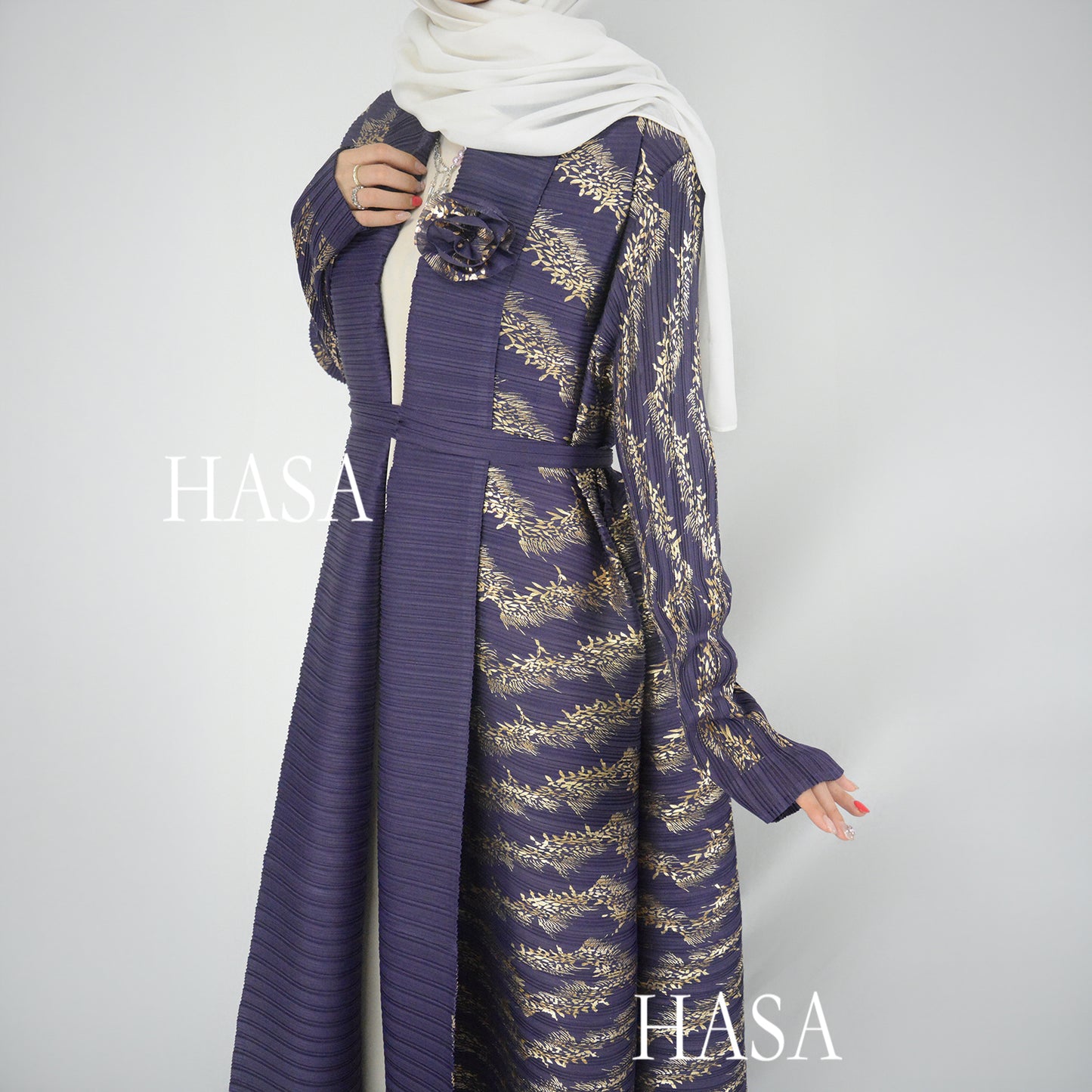 HS5838 Gold-stamped Pleated Long Cardigan with Belt